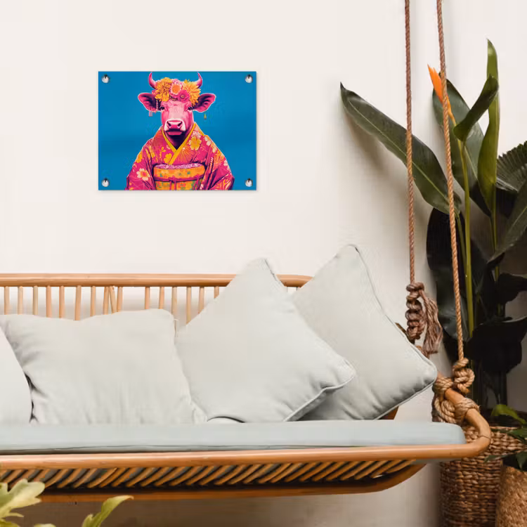 Koe - Bloemenkrans - Oorhangers - Kimono tuinposter los doek klein -sfeer7