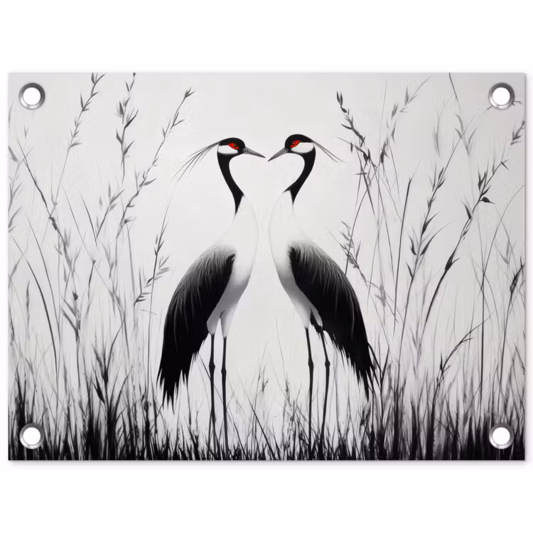 Kraanvogels - Gras - Hartvorm - Zwart tuinposter los doek klein -3d