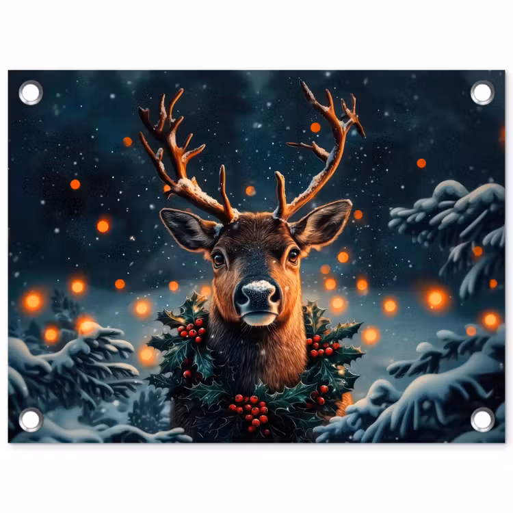 Hert - Kerst - Winter - Sneeuw - Kerstkrans tuinposter los doek klein -3d