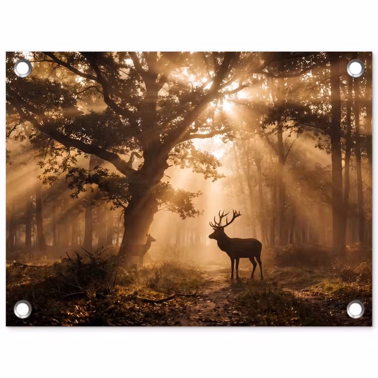 Hert - Bos - Mistig - Natuur - Goud tuinposter los doek klein -3d