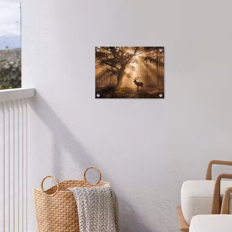 Hert - Bos - Mistig - Natuur - Goud tuinposter los doek klein -sfeer8