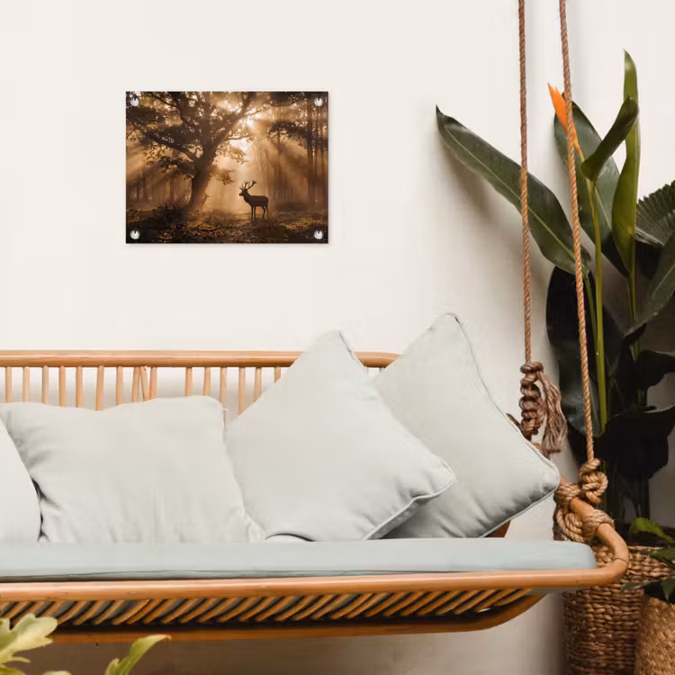 Hert - Bos - Mistig - Natuur - Goud tuinposter los doek klein -sfeer7