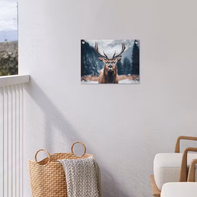 Hert - Winter - Hertenkop - Sneeuw - Gewei tuinposter los doek klein -sfeer8