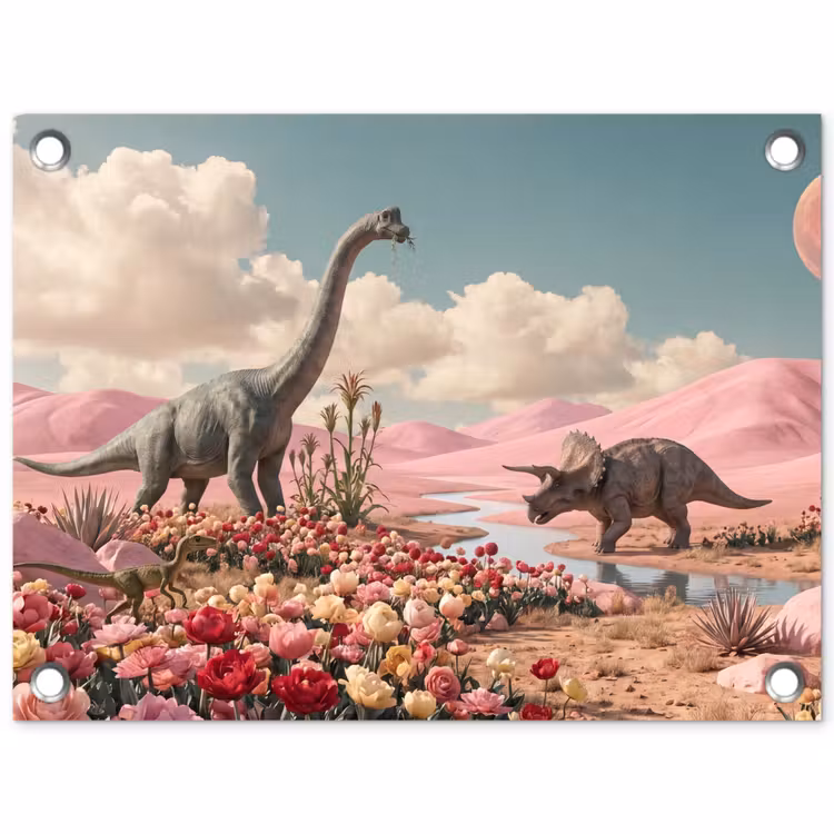 Garden Poster - Dinosaur - Pink - Landscape - Dinosaurus - Roze - Landschap tuinposter los doek klein