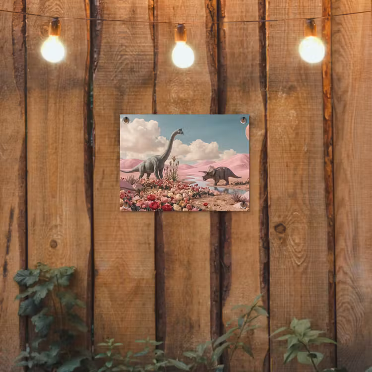 Garden Poster - Dinosaur - Pink - Landscape - Dinosaurus - Roze - Landschap tuinposter los doek klein