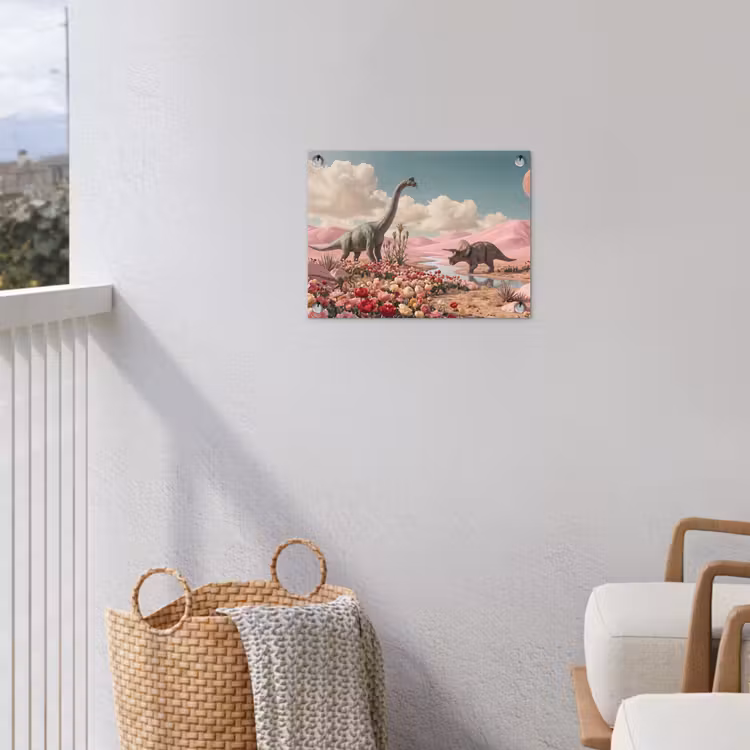 Garden Poster - Dinosaur - Pink - Landscape - Dinosaurus - Roze - Landschap tuinposter los doek klein
