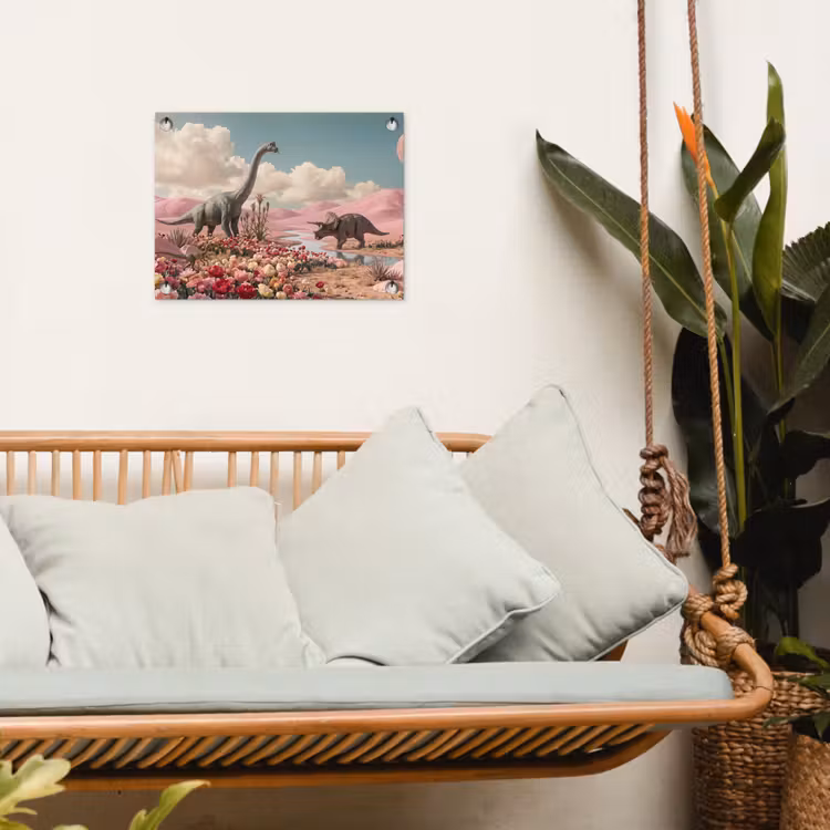 Garden Poster - Dinosaur - Pink - Landscape - Dinosaurus - Roze - Landschap tuinposter los doek klein