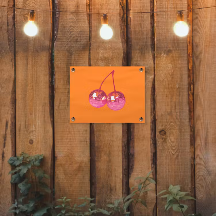 Discoballen - Kers - Spiegels - Roze tuinposter los doek klein -sfeer1