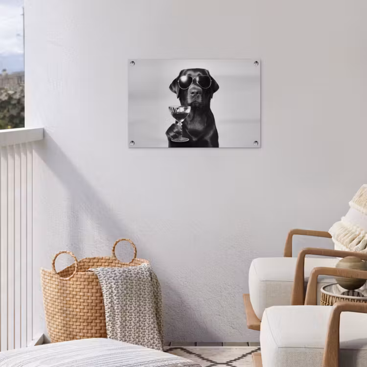 Hond - Zwart - Wijnglas - Zonnebril tuinposter los doek klein -sfeer8
