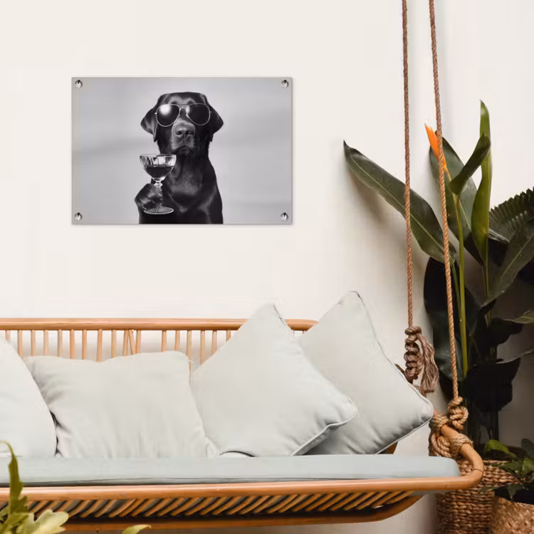 Hond - Zwart - Wijnglas - Zonnebril tuinposter los doek klein -sfeer7