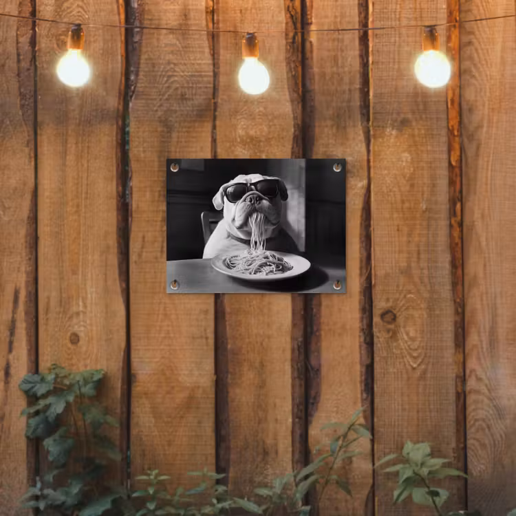 Hond - Bulldog - Pasta - Bril - Stoer - Dieren tuinposter los doek klein -sfeer1