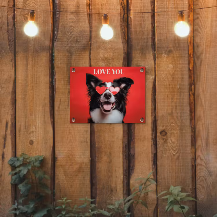 Hond - Hartjesbril - Loveyou - Rood tuinposter los doek klein -sfeer1