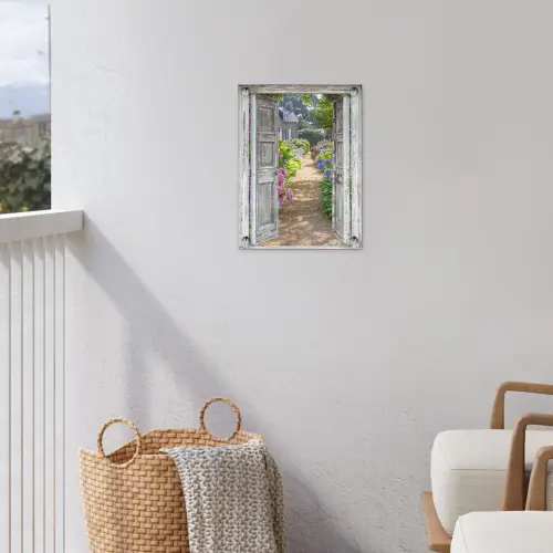 Deur naar een bloementuin tuinposter los doek klein -sfeer8