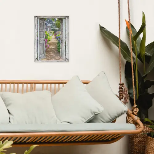 Deur naar een bloementuin tuinposter los doek klein -sfeer7