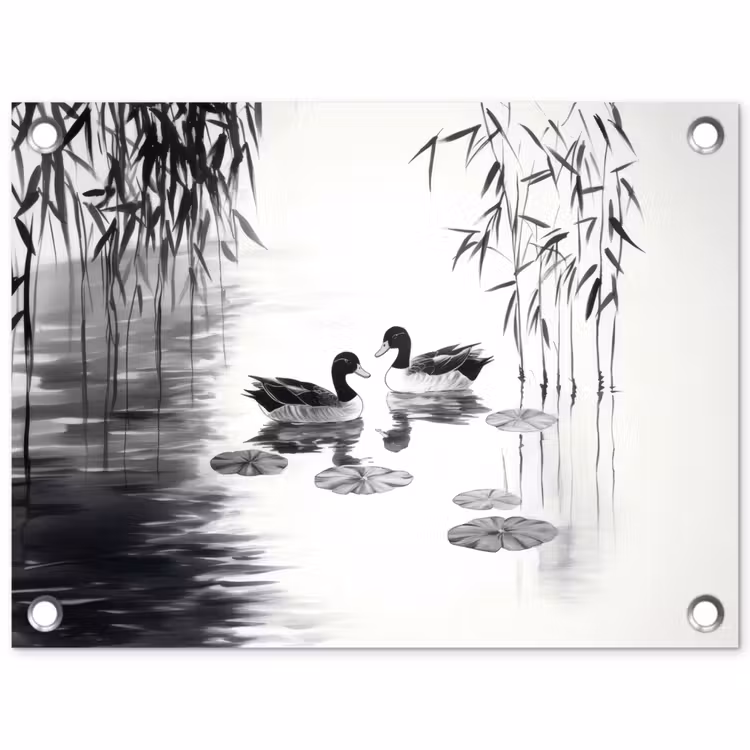 Eenden - Waterlelies - Riet - Zwart tuinposter los doek klein -3d
