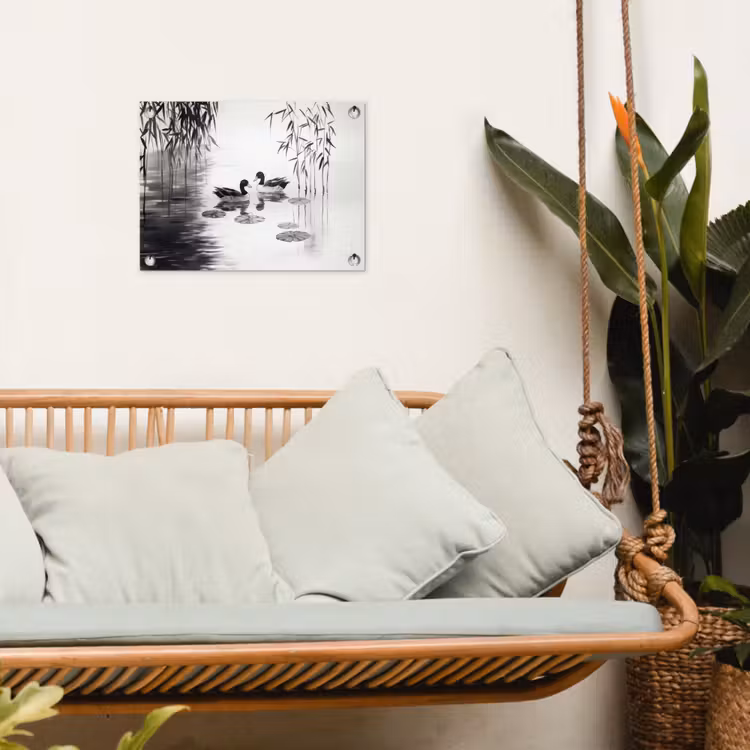 Eenden - Waterlelies - Riet - Zwart tuinposter los doek klein -sfeer7