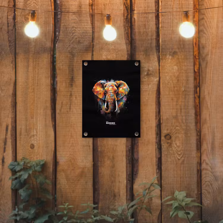 Olifant versierd met kleurrijke spetters tuinposter los doek klein -sfeer1