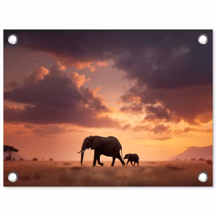 Olifanten - Grasland - Zonsondergang tuinposter los doek klein -3d