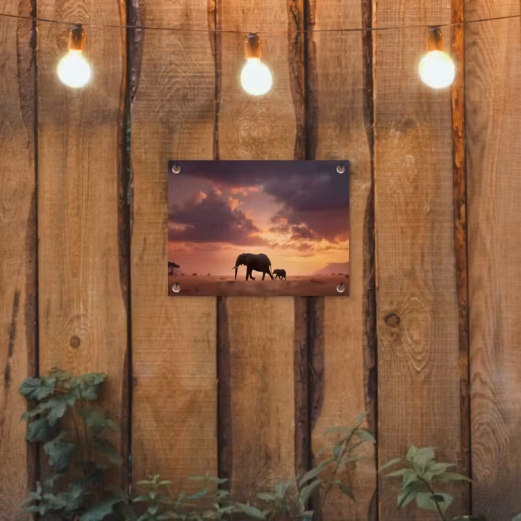 Olifanten - Grasland - Zonsondergang tuinposter los doek klein -sfeer1