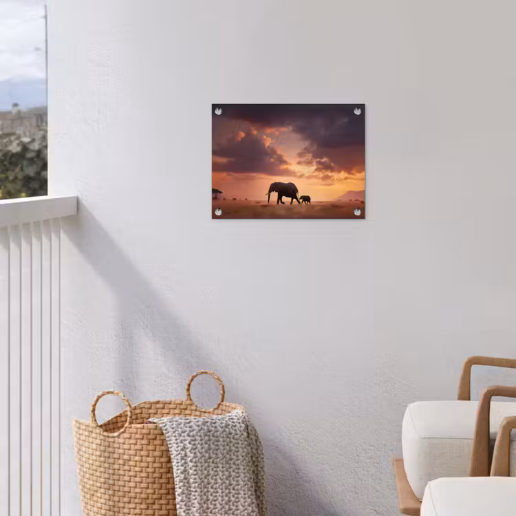 Olifanten - Grasland - Zonsondergang tuinposter los doek klein -sfeer8