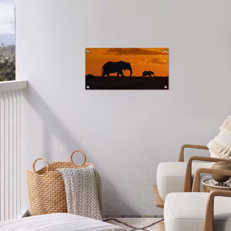 Olifanten - Savanne - Zonsondergang tuinposter los doek klein -sfeer8