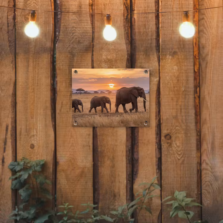 Olifanten - Savanne - Zonsondergang - Afrika - Warm tuinposter los doek klein -sfeer1
