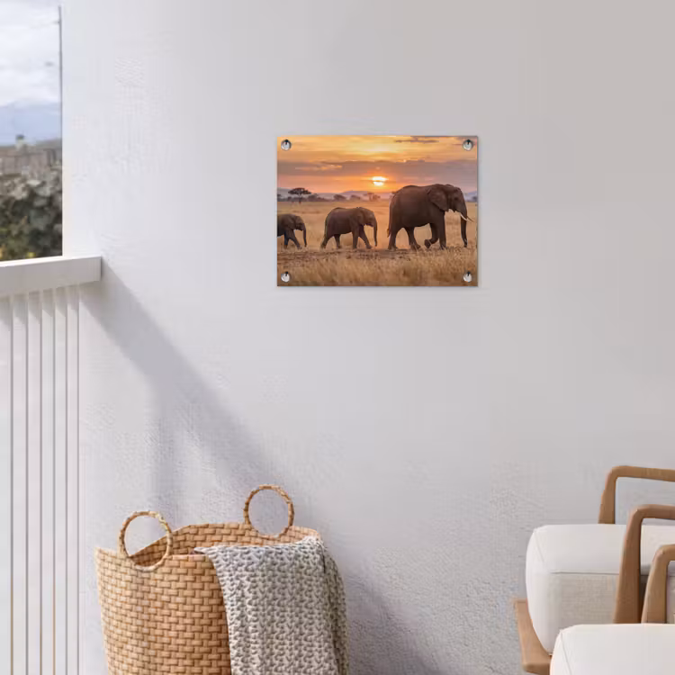 Olifanten - Savanne - Zonsondergang - Afrika - Warm tuinposter los doek klein -sfeer8