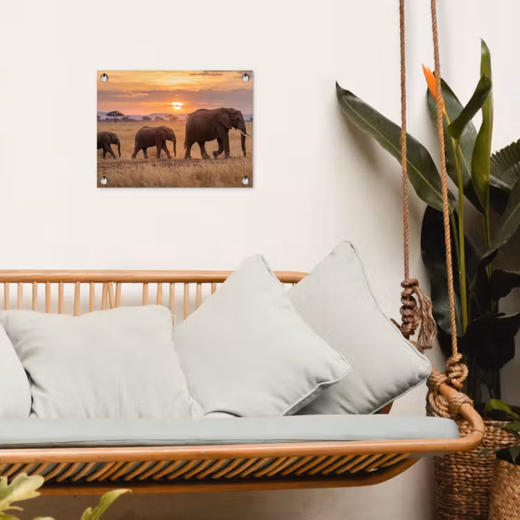 Olifanten - Savanne - Zonsondergang - Afrika - Warm tuinposter los doek klein -sfeer7