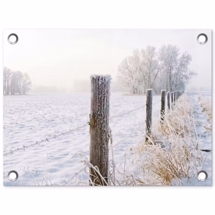 Hek - Sneeuw - Mist - Platteland - Nostalgisch tuinposter los doek klein -3d