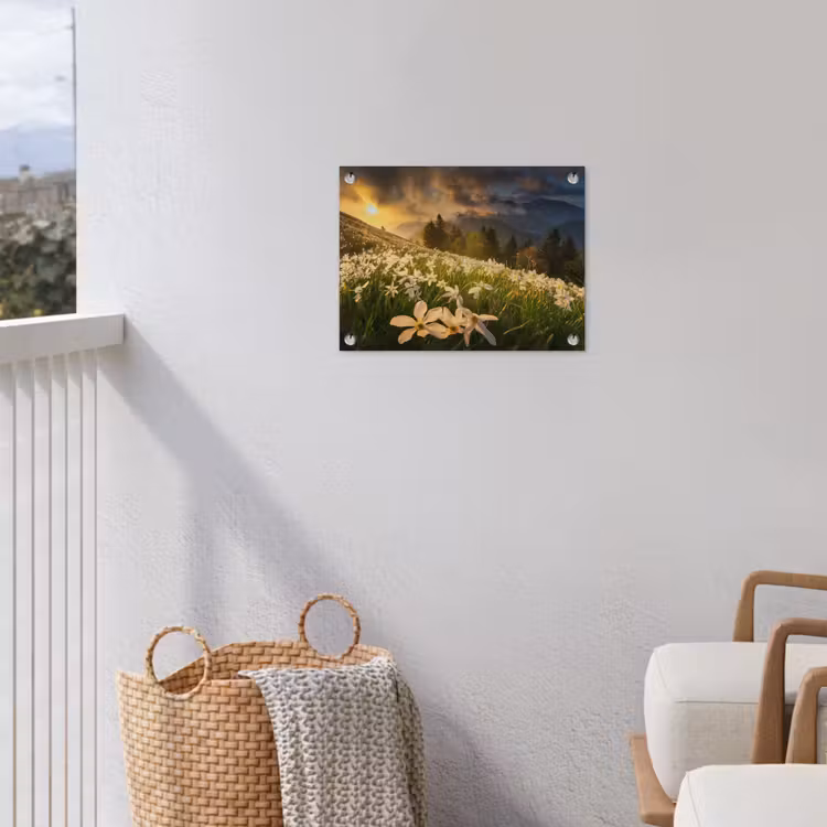 Bloemenveld - Heuvels - Zonsondergang - Berg - Natuur - Wit - Heuvels tuinposter los doek klein -sfeer8