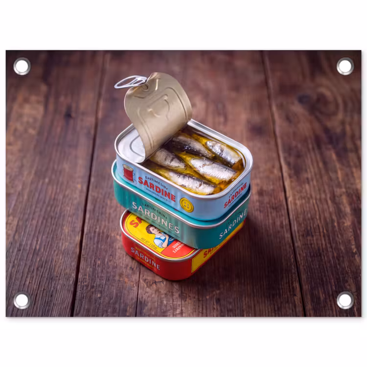 Garden Poster - Fish - Cans - Kitchen - Vis - Blikjes - Keuken tuinposter los doek klein