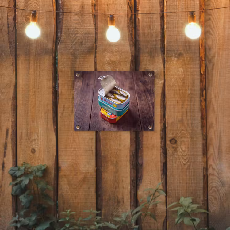 Garden Poster - Fish - Cans - Kitchen - Vis - Blikjes - Keuken tuinposter los doek klein