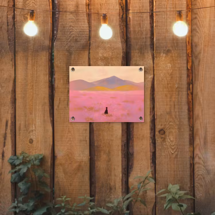 Bloemenweide - Heuvels - Silhouet - Roze tuinposter los doek klein -sfeer1