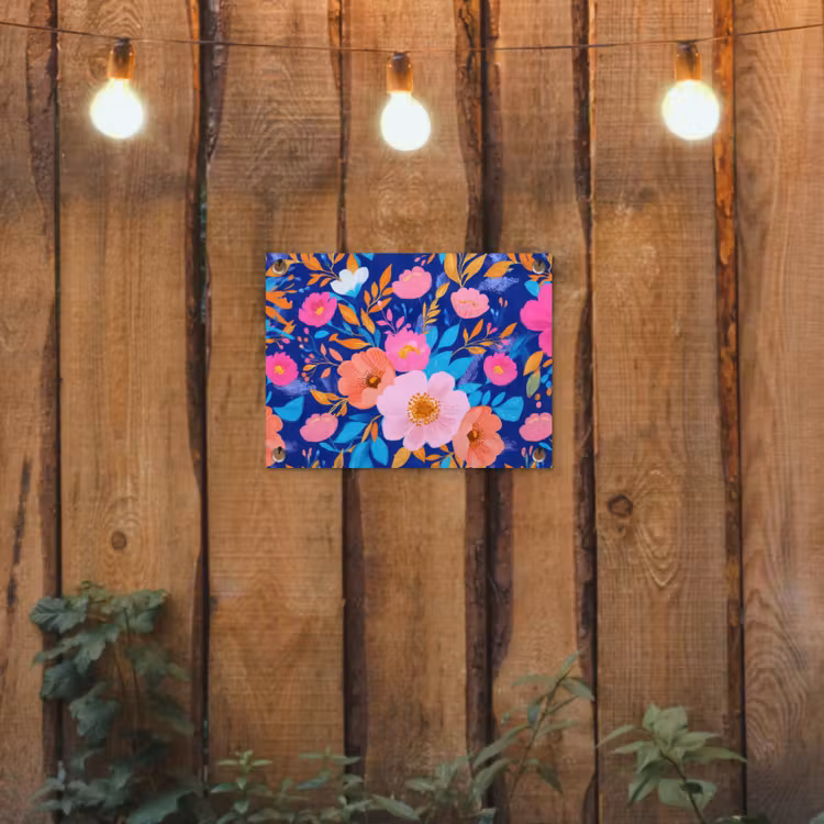 Bloemen - Blauw - Roze tuinposter los doek klein -sfeer1