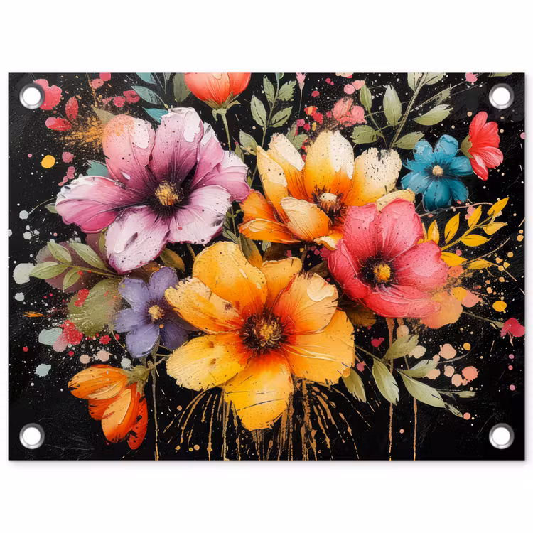 Bloemenpracht op Zwarte Achtergrond tuinposter los doek klein -3d
