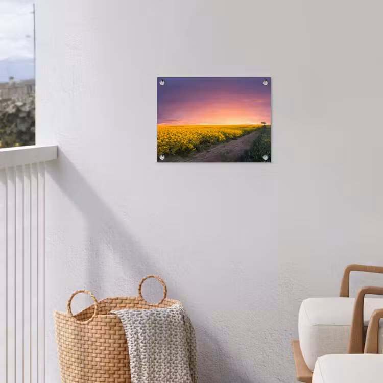 Bloemen - Weg - Lucht - Geel - Paars - Zonsondergang - Natuur tuinposter los doek klein -sfeer8
