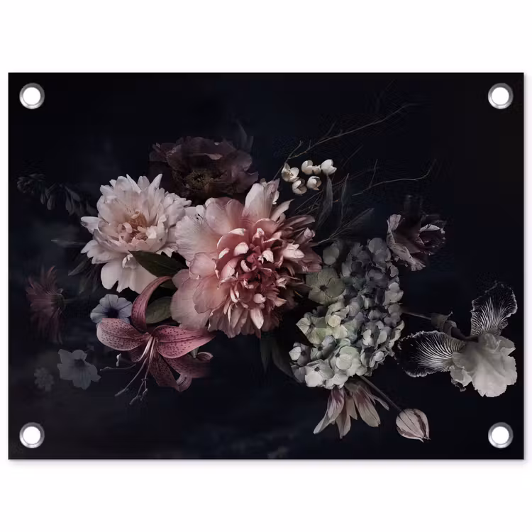 Bloemen - Vintage - Pastel - Zwart - Boeket tuinposter los doek klein -3d