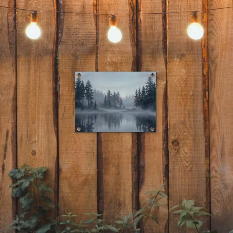 Bos - Meer - Mist - Natuur - Grijs tuinposter los doek klein -sfeer1