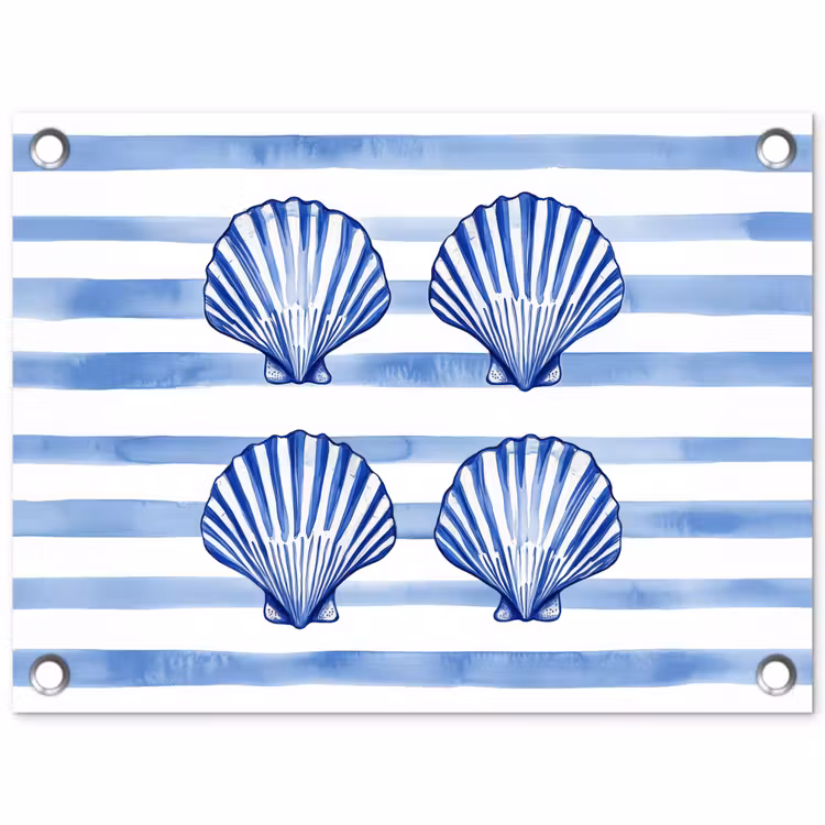Vier schelpen - Blauw - Wit - Strepen tuinposter los doek klein -3d