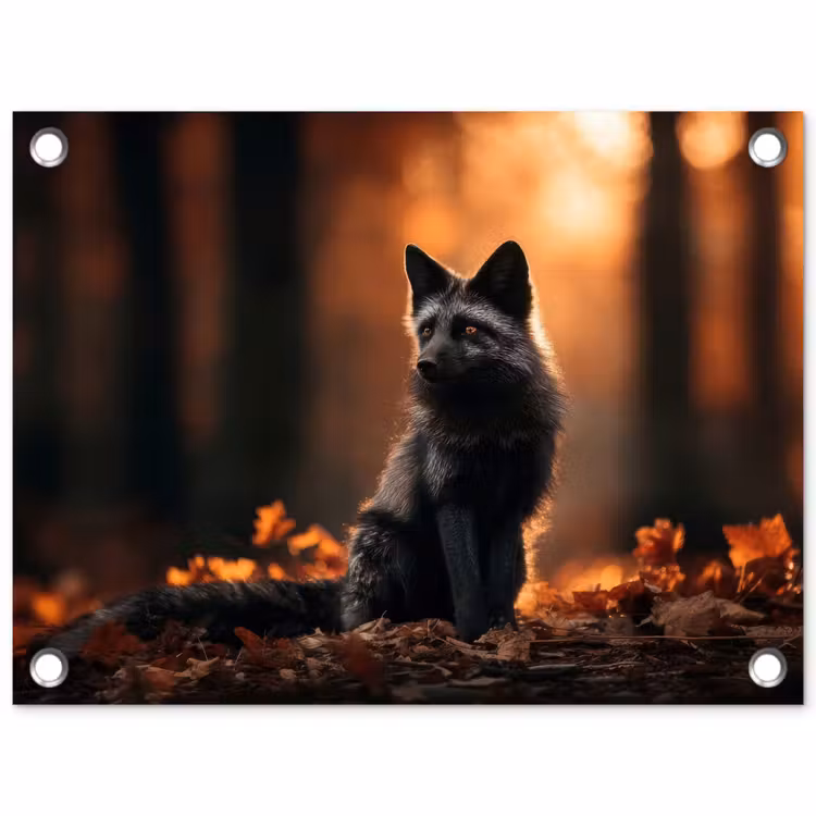 Vos - Zwart - Bos - Herfstbladeren tuinposter los doek klein -3d