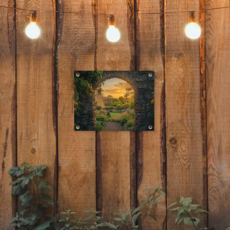 Poort - Planten - Zonsondergang tuinposter los doek klein -sfeer1