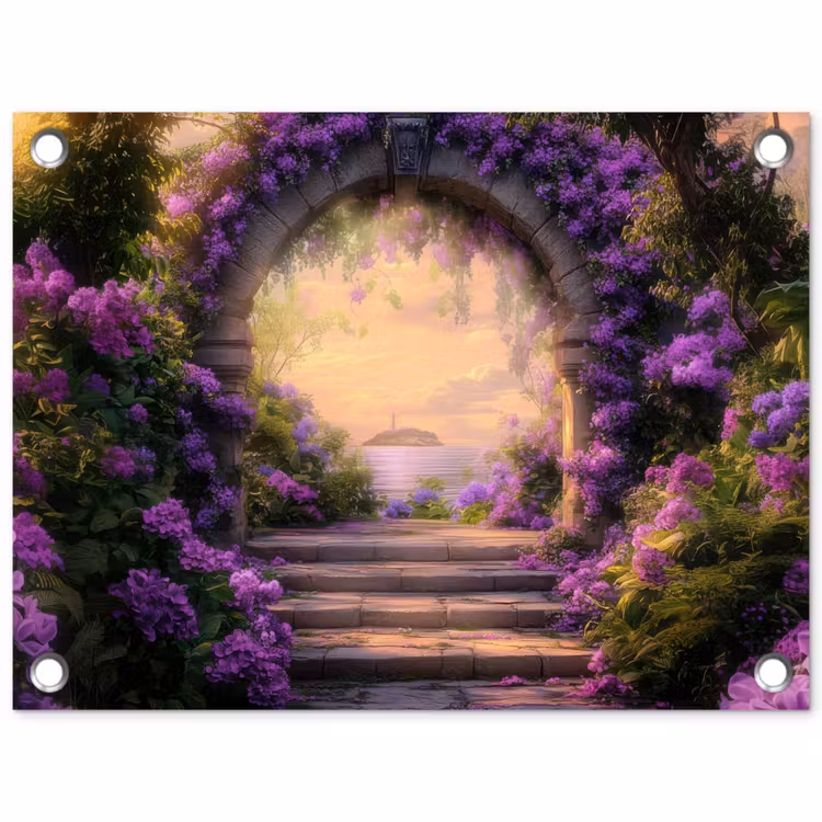 Poort - Paars - Bloemen tuinposter los doek klein -3d