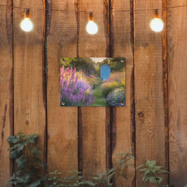 Tuinhuisje - Blauw - Bloemen tuinposter los doek klein -sfeer1