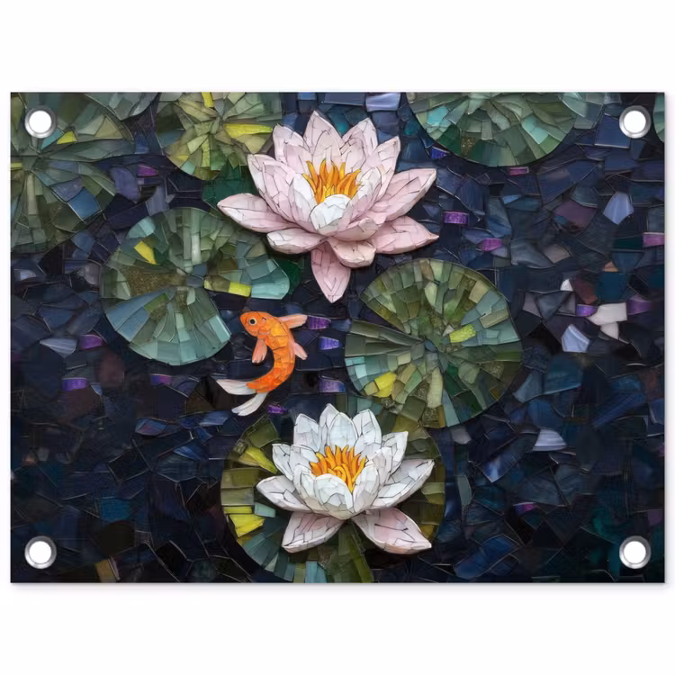 Glasstukjes - Leliebladeren - Vis - Oranje tuinposter los doek klein -3d