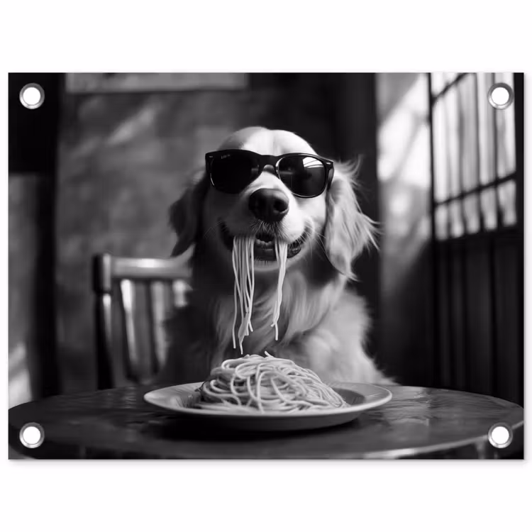 Golden Retriever - Hond - Vrolijk - Bord spaghetti - Zwart - wit tuinposter los doek klein -3d