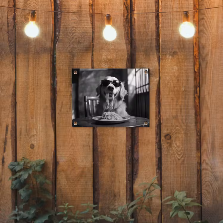 Golden Retriever - Hond - Vrolijk - Bord spaghetti - Zwart - wit tuinposter los doek klein -sfeer1