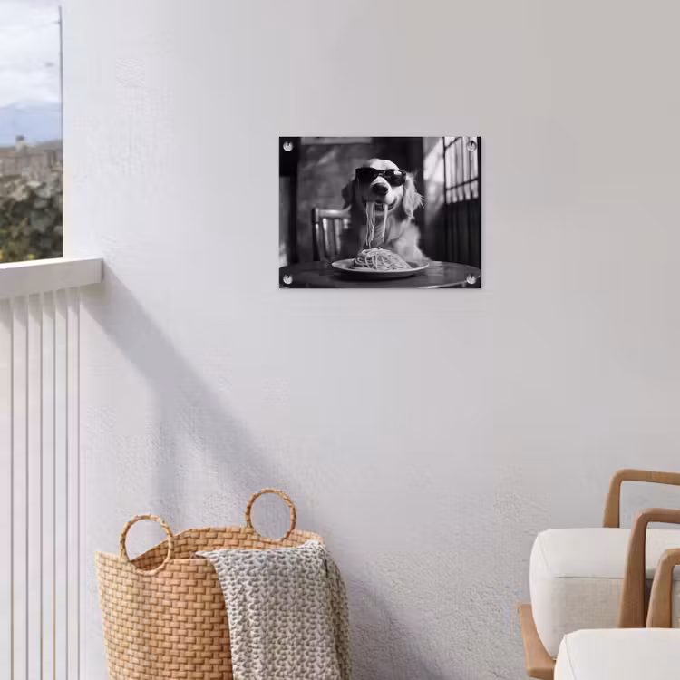 Golden Retriever - Hond - Vrolijk - Bord spaghetti - Zwart - wit tuinposter los doek klein -sfeer8