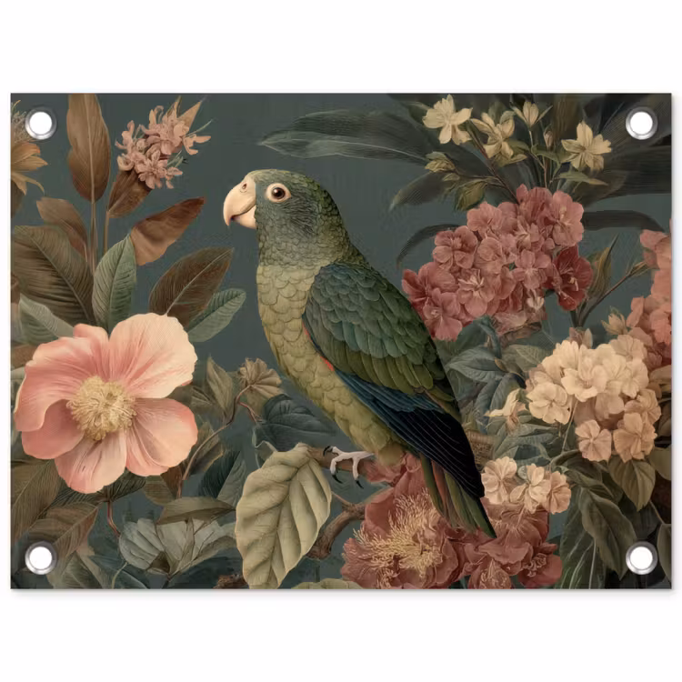 Groene papegaai - Kleurrijke bloemen - Donkere achtergrond tuinposter los doek klein -3d