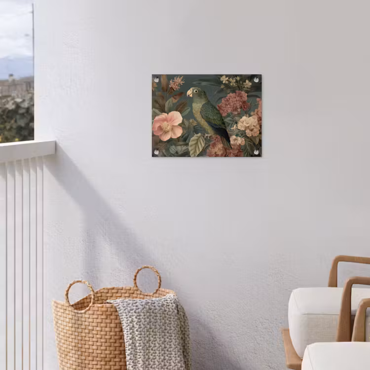 Groene papegaai - Kleurrijke bloemen - Donkere achtergrond tuinposter los doek klein -sfeer8