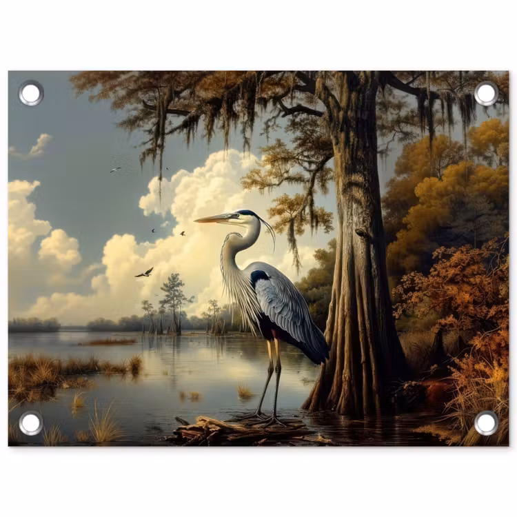 Reiger - Blauw - Meer - Boom tuinposter los doek klein -3d